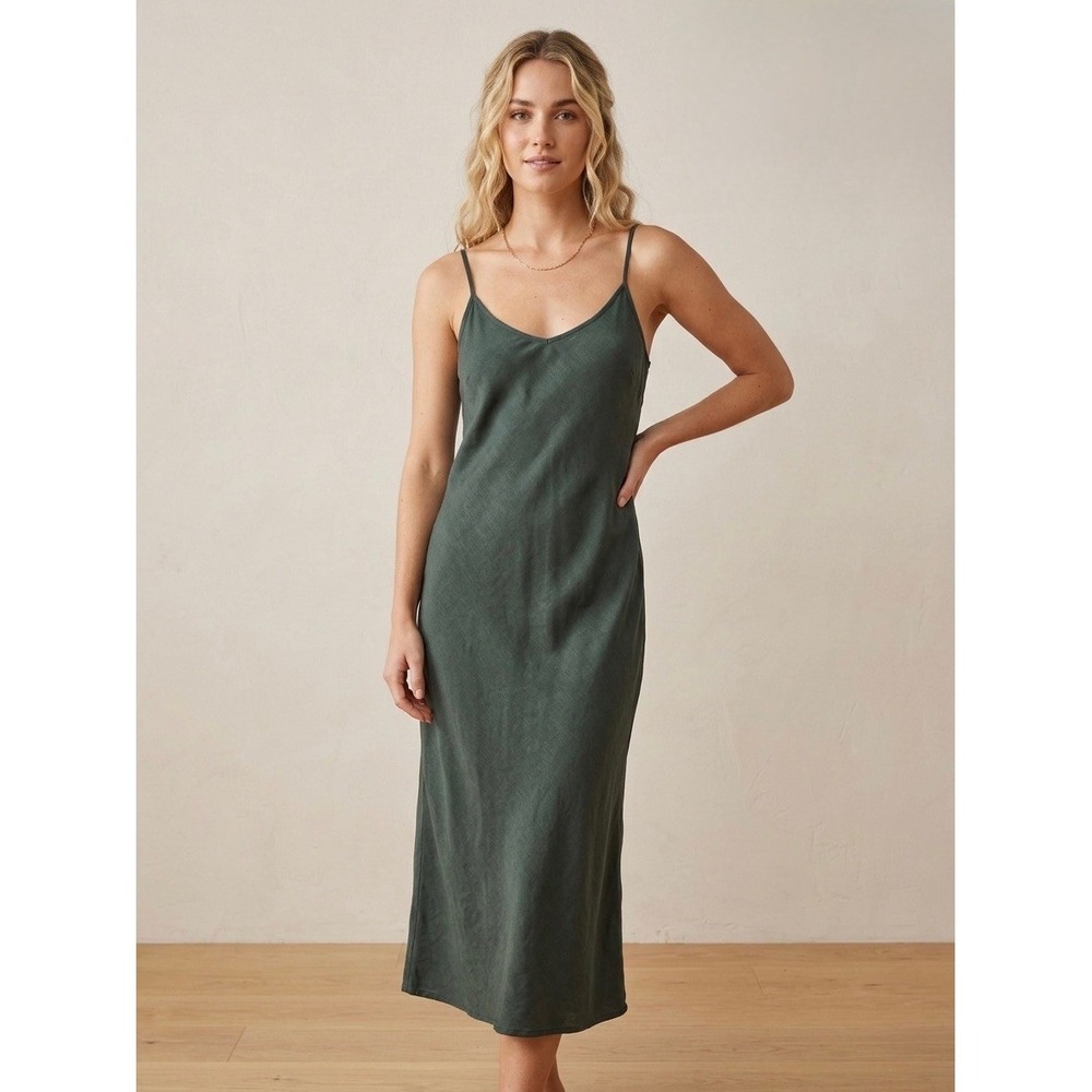 Rusty Womens Forest Green Tencel Midi Slip Dress V-Neck Side Slits XS